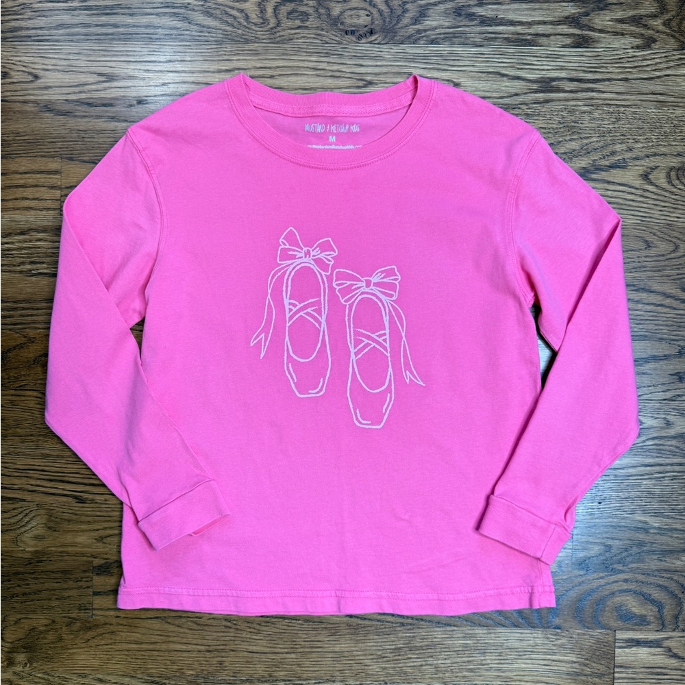 Mustard & Ketchup Kids Girls Pink Long Sleeve Shirt Ballet Shoe Graphic Tee Sz M